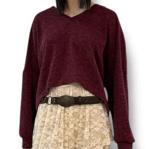 Oversized Burgundy V Neck Fuzzy Knit Sweater Band of Gypsies NWT